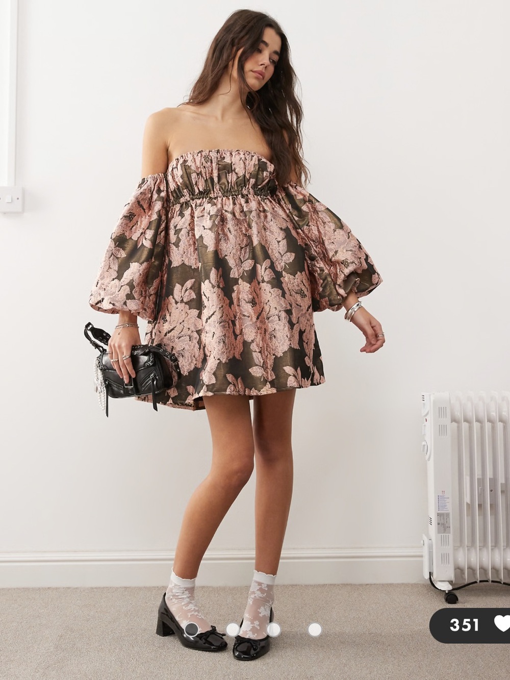 Off-Shoulder Floral Mini Dress in Pink and Olive